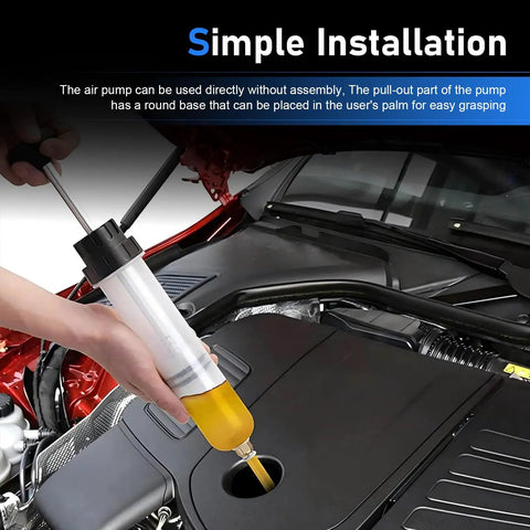 200cc Manual Fluid Extractor Pump With Dual Hoses For Quick Auto Oil Changes Universal Syringe Transfer Pump, clear plastic in engine bay