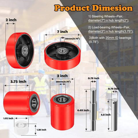 Complete Pallet Jack Wheel Replacement Kit with Dual 7x2 Steering Wheels, Dual 3x3.75 Load Rollers, Bearings, and Axles