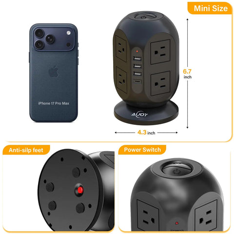 Flat Plug 12 In 1 Power Strip Tower With 8 AC Outlets 4 USB Ports 10 Ft Extension Cord Surge Protected, size comparison with phone