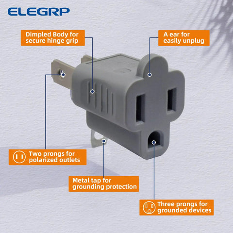 Close-up of gray 2 to 3 prong adapter from 10 pack set, showing dimpled body and metal tap for grounding, on wall background.