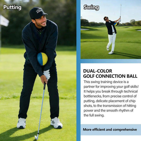 Golf Training Ball Clips Between Your Arms To Sync Arm And Body Motion, Improve Impact Accuracy, Fix Slices Scooping And Chicken Wings, Make Practice Efficient With This Easy Swing Trainer For Home Or Range. golfer using dual-color training ball for putting and swing practice