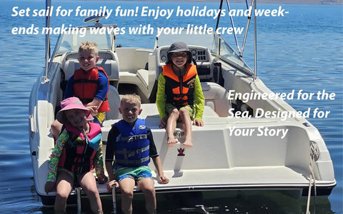 Children in life jackets on a boat on a lake, smiles, enjoying a sunny day, showcasing family fun and leisure activities on water.