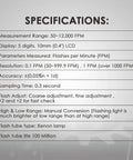 Specifications for Digital Handheld Stroboscope With Wide Range From 50 To 12,000 FPM, featuring xenon lamp and LCD display.