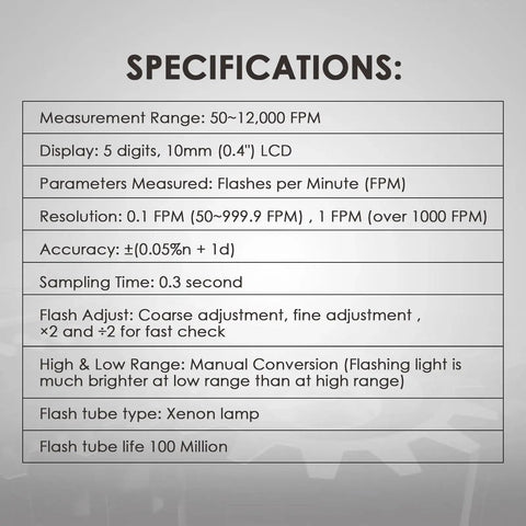 Specifications for Digital Handheld Stroboscope With Wide Range From 50 To 12,000 FPM, featuring xenon lamp and LCD display.