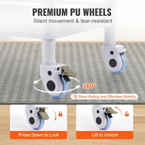 Medical Mobile Trolley Cart With 2 Drawers And 3 Trash Cans showing close-up of silent wheels on carpet with lock mechanism.