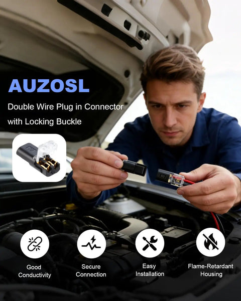50 Pack Double Wire Connectors With Locking Buckle For 18 To 22 Awg Solderless Electrical Splices Low Voltage Plug In Terminals For Led Strip Auto Wiring And Audio Hookup Dead Simple Setup shown in use for car wiring.