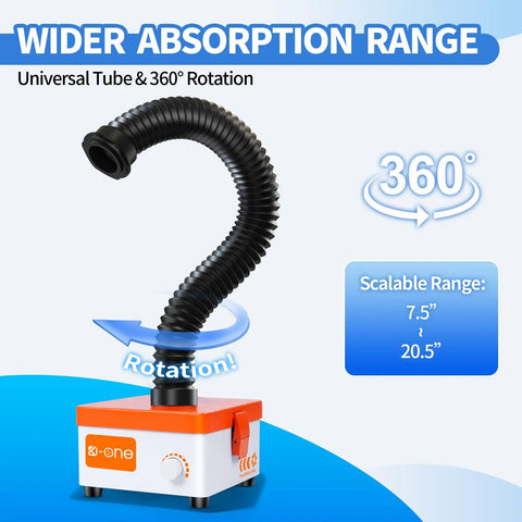Heavy Duty Solder Fume Extractor with 80W brushless motor and 360° rotating hose on white background.