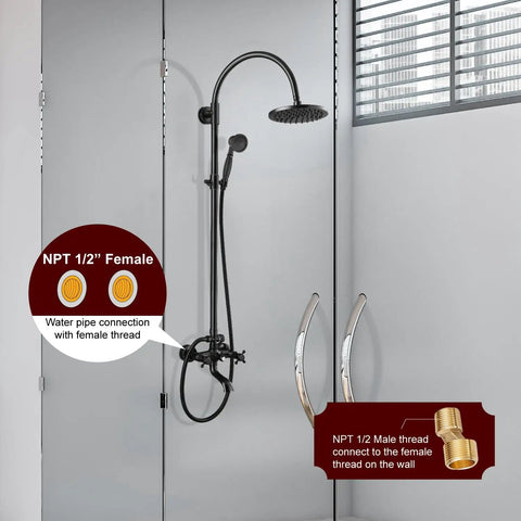 Oil Rubbed Bronze Exposed Shower System With Brass Dual Knobs 8 Inch Rainfall Round Head Handheld Sprayer shown with wall connections