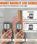 Bright backlit LCD screen showing the Stud Finder Wall Scanner 5 in 1-Electronic Stud Detector with LCD Display Center&Edge Detection for Wood,Metal,AC Wires,Drywall,Rebar,Pipes-Gray in use.
