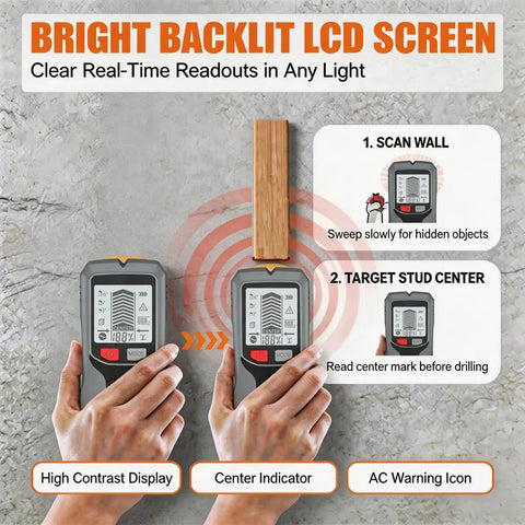 Bright backlit LCD screen showing the Stud Finder Wall Scanner 5 in 1-Electronic Stud Detector with LCD Display Center&Edge Detection for Wood,Metal,AC Wires,Drywall,Rebar,Pipes-Gray in use.