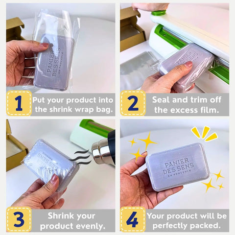Odorless PVC Heat Shrink Wrap Bags 8x12 Inches, 100 Gauge, 100 Pack For Fast Packaging, Clear Durable Shrink Film That Shrinks Smoothly At Low Temp, Great For Jewelry, Crafts, And Small Gifts, shown shrinking a boxed item