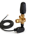 Heavy Duty Pressure Washer Unloader Valve 4500 PSI Ten And A Half GPM Beefy Brass Build With Adjustable Knob side view with cables