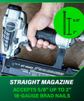 Person holding 18 Gauge Brad Nailer For Trim And Furniture Finishing with nail size diagram