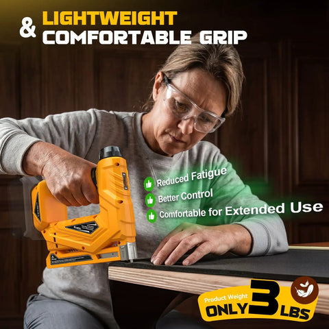 Slick Cordless Brad Nailer And T50 Stapler Compatible With Dewalt 20V Battery For Woodworking showcased with a user handling it.