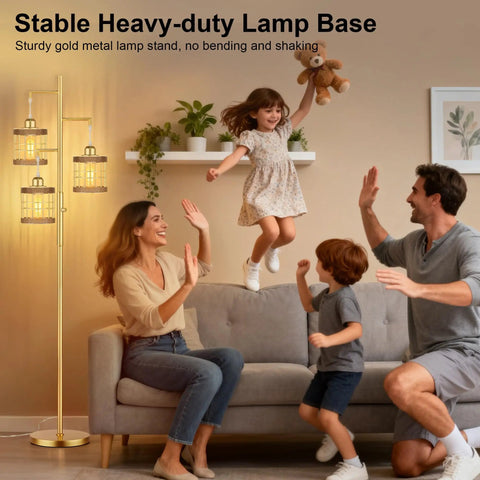 Family enjoying in living room with Industrial Style Tree Floor Lamp With Stepless Dimmable Brightness 68 Inch Tall Standing Light