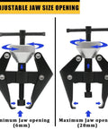 All In One Wiper Arm Puller And Battery Terminal Removal Tool For Bolted Windshield Wiper Arms That Slip Over A Tapered Spline And Battery Posts shown with adjustable jaw size.