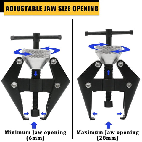 All In One Wiper Arm Puller And Battery Terminal Removal Tool For Bolted Windshield Wiper Arms That Slip Over A Tapered Spline And Battery Posts shown with adjustable jaw size.