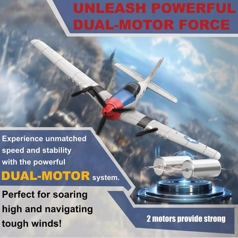 Noob Friendly RC Plane With P51 Style Fighter Look 2 4 GHz Remote Control flying over cloudy sky with dual motors shown