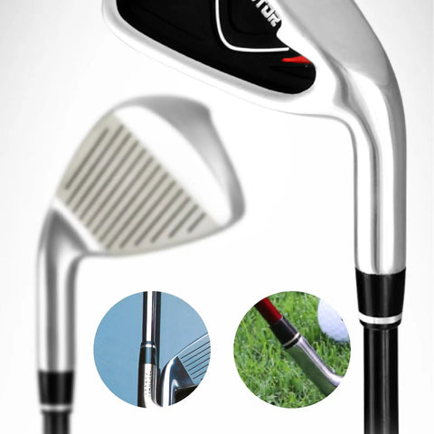 Close-up of Universal Black Golf Club Ferrules For Iron Shafts, 12 Pack With Single Silver Ring on silver iron shafts.