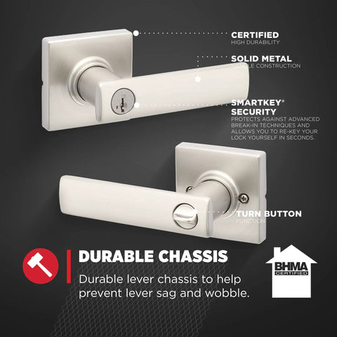 Breton Entry Door Handle With Lock And Key, Reversible Exterior Lever for Front Doors, Satin Nickel Finish, SmartKey security