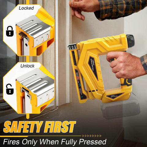Smooth Operator 3 In 1 Cordless Brad Nailer Compatible With Dewalt 20V Max Battery Tool Only showing safety features during use.