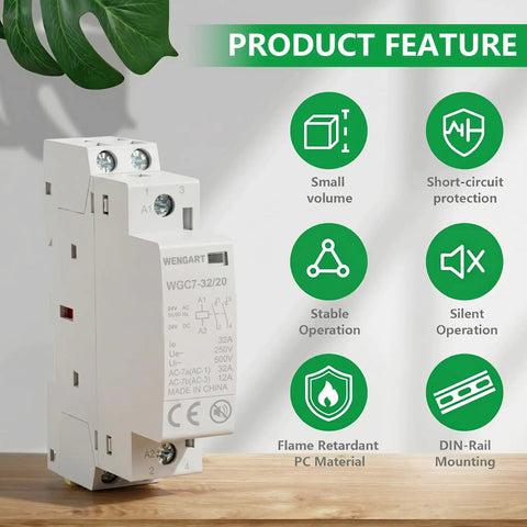 Dead Quiet 32A Ac Dc Contactor With 24V Coil And Two Normally Open Poles For Straight-Up Din Rail Mount showcasing features and design.