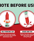 Infographic for clear gel super glue showing two steps: self-piercing cap and shake-and-tap usage.