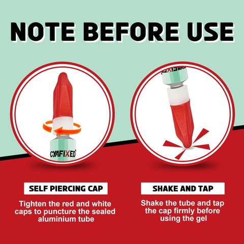 Infographic for clear gel super glue showing two steps: self-piercing cap and shake-and-tap usage.