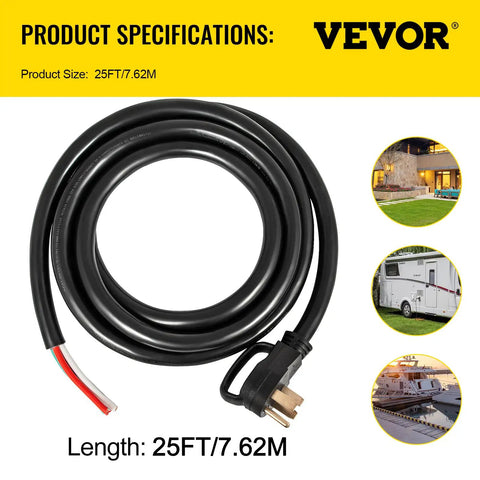 Rock Solid 25 Foot 50 Amp Generator Extension Cord With Nema 14 50P To Raw End Wire For Rv Trailers Home Backup Generators And Manual Transfer Switches No Sweat Hookup Pro Grade Copper, coiled with male plug.