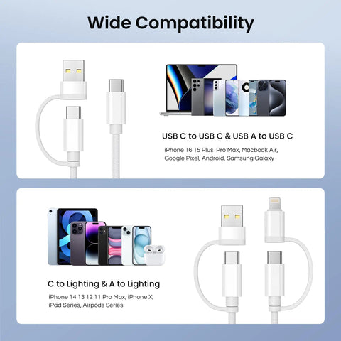 4 In 1 USB C Charger Cable With USB C To USB C And Lightning Adapters, 60W Fast Charging, 6.6Ft Universal Multi Charging Cord