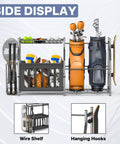 Side view of Garage Sports Gear Organizer Ball Storage Stand For Indoor Golf Bags And Gear, holding two golf bags and sports items.