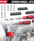 Red and black spinner handle with bits from 106-Piece 1/4 Inch Drive Socket Set With Wrench, Chrome Vanadium Steel, Torx and screw bits
