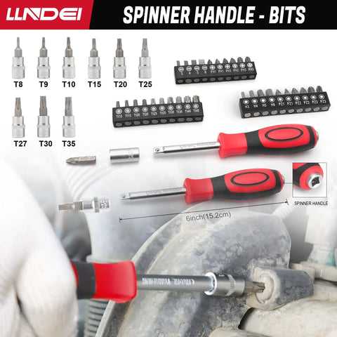 Red and black spinner handle with bits from 106-Piece 1/4 Inch Drive Socket Set With Wrench, Chrome Vanadium Steel, Torx and screw bits