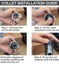 Collet installation guide for R8 ER40 Collet Chuck Milling Shank Holder With 7/16-20 Drawbar Thread, step-by-step process shown.