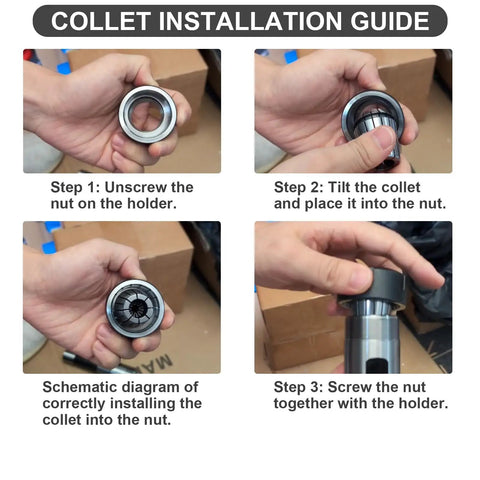 Collet installation guide for R8 ER40 Collet Chuck Milling Shank Holder With 7/16-20 Drawbar Thread, step-by-step process shown.