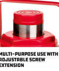 Close-up of Heavy Duty 30 Ton Bottle Jack With Stable Base and adjustable screw extension, red finish, for cars and trucks.