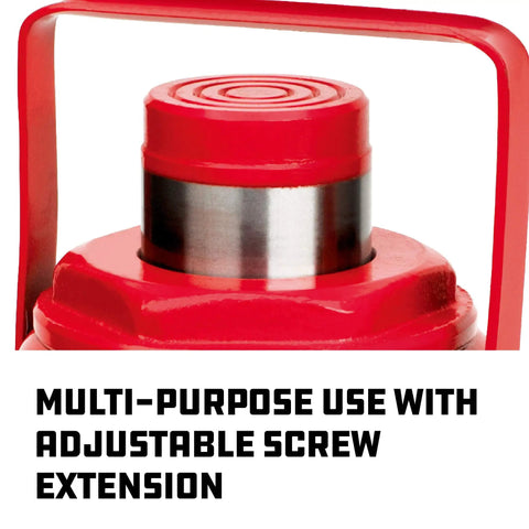 Close-up of Heavy Duty 30 Ton Bottle Jack With Stable Base and adjustable screw extension, red finish, for cars and trucks.