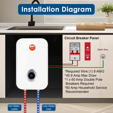 Installation diagram of Instant Tankless Water Heater 240V 7kW Self Modulating With No Standby Losses For Under Sink Kitchen