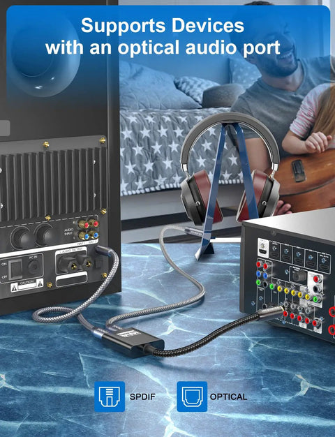 Killer Audio Optical Splitter, 1 In 2 Out Toslink Splitter in black braided cable connecting audio devices.
