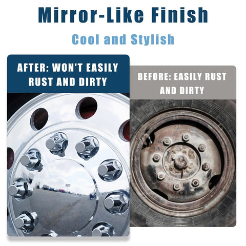 Comparison of heavy duty semi truck hub covers showing rust resistance and mirror-like chrome finish