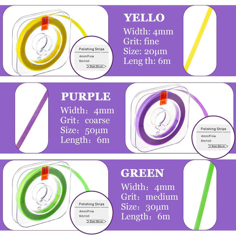 Dental Polishing Strips Set Three Rolls 4mm By 600mm For Pre Polishing Polishing And Shaping With Coarse Purple Medium Green Fine Yellow