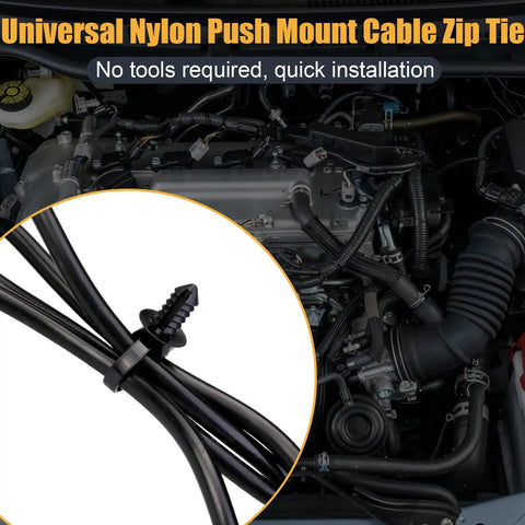Heavy Duty Nylon Push Mount Cable Zip Ties Kit, 50 Pack, 5 Sizes securing hoses in car engine