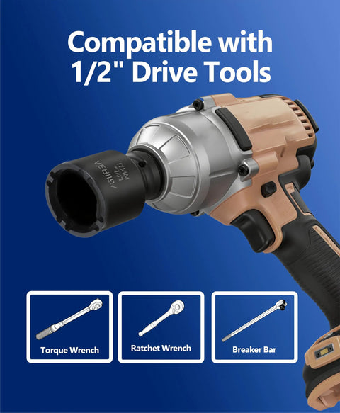 Impact wrench with a 13 Piece Grooved Lock Nut Socket Set With Internal Teeth For Spindle Nuts And Axle Locknuts Half Inch Drive