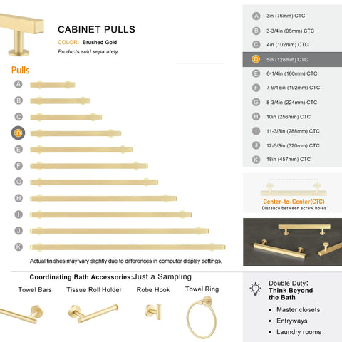 Diagram showing various sizes of brushed gold cabinet pulls with 5 inch center measurement highlighted