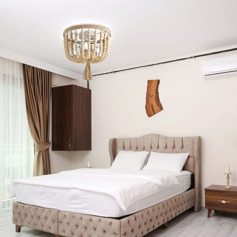 Wood Beaded Chandelier Boho Farmhouse Semi Flush Mount Ceiling Light Fixture With 3 Light E12 Base in modern bedroom setting