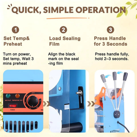 Heavy Duty 110V Manual Cup Sealer Handles 90 And 95 Mm Cups Up To 7 Inches Tall instructions on operation steps.