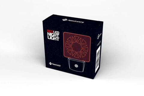 Retail box of Red Dim Night Lights 2 Pack For Bedrooms And Bathrooms with circle design, UL listed safety, preserving night vision.