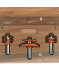 Three Piece Ogee Junior Raised Panel Router Bit Set Pro Grade With Backcutter, Rail And Stile Bits, 1/2 Inch Shank in case
