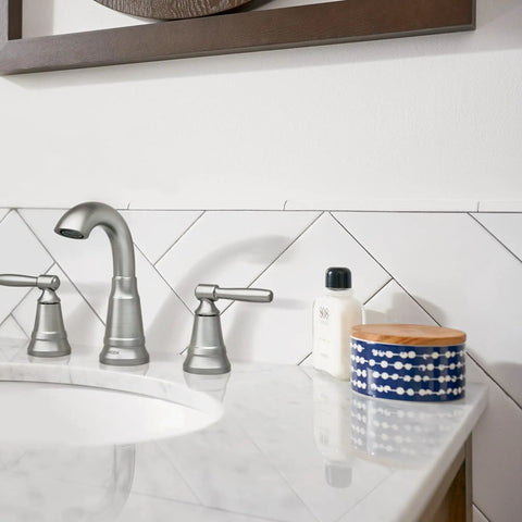 Halle Spot Resist Brushed Nickel Widespread Bathroom Faucet With Drain Assembly For 3 Hole Setups on marble sink