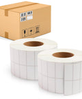 Heavy Duty Thermal Transfer Shipping Labels 2 X 1 Inches on rolls in front of a shipping box with barcode.